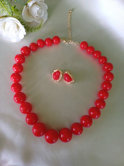 Naszyjnik - Czerwone korale- Kolczyki