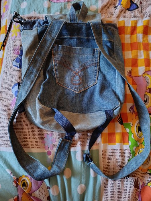 Рюкзак джинсовий коти - вояки, ручна робота, розписаний акрилом