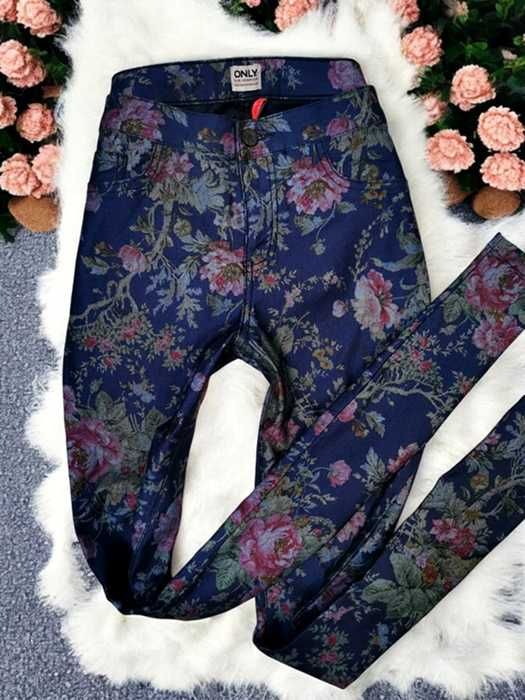 Spodnie Jeansy Granatowe Kolorowe Kwiaty Róże Floral Boho Hippie Retro