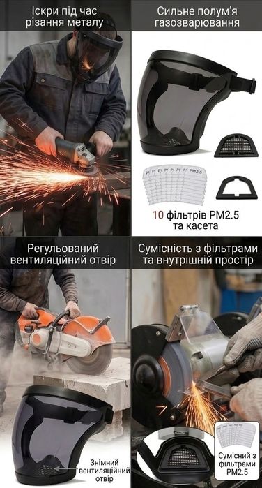 Захисна маска-щиток для обличчя з 10 змінними фільтрами.