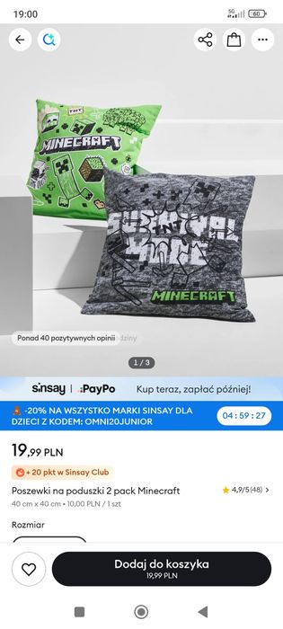 Poszewki na poduszki Minecraft 40x40 nowe!