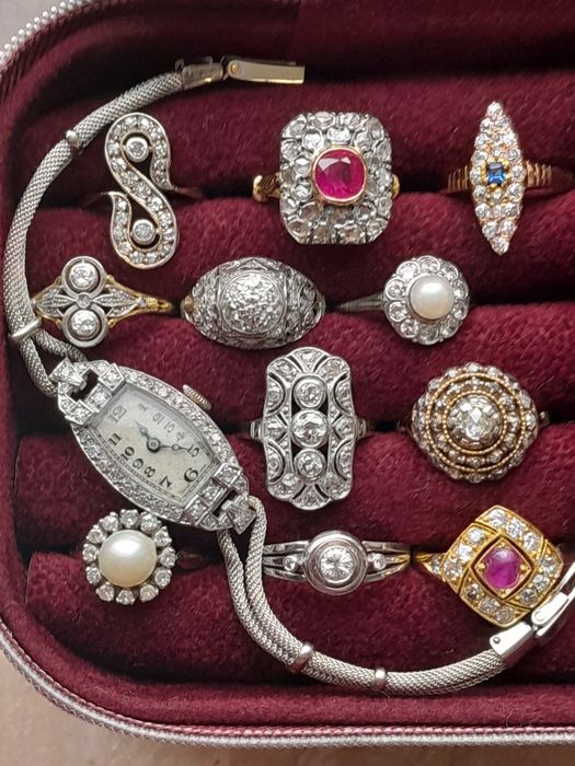 R.13 Pierścionek Art Deco Złoto 750 Diamenty Srebro WYCENA