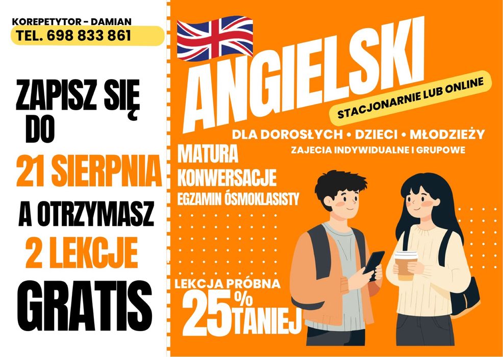 Korepetycje - Angielski - 2 lekcje gratis - indywidualnie lub grupowo - dla dorosłych, dzieci i młodzieży