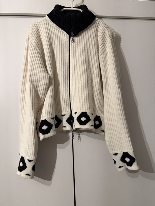 Rozpinany sweter kardigan z zamkiem cropped prążkowany wzór romby stójka Robex L 40