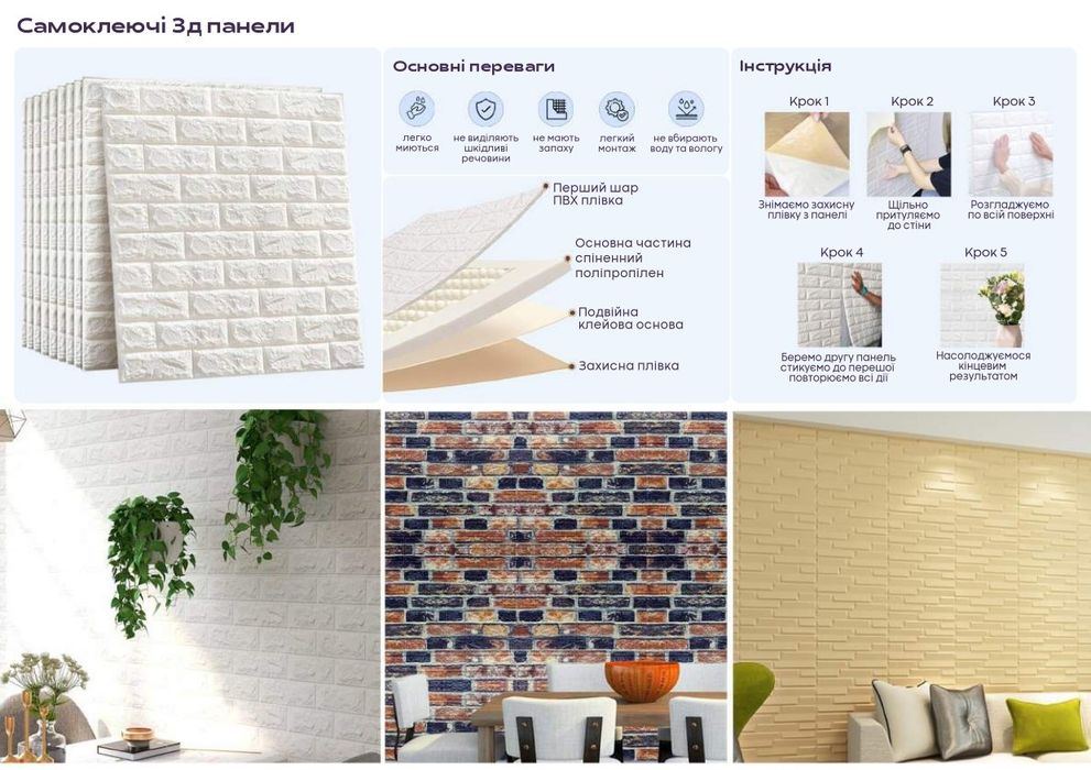 Самоклеючі 3D панелі, плитка, рейки декоративні
