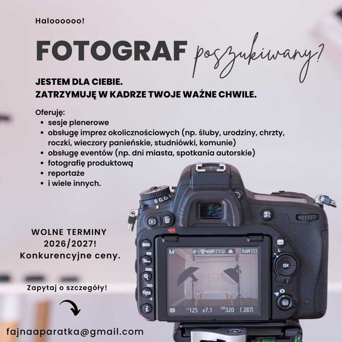 Fotograf – imprezy okolicznościowe, sesje plenerowe, terminy 2026/2027