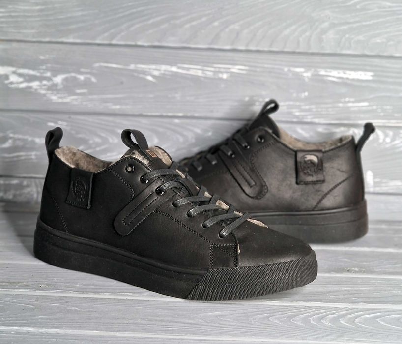 40-48рр!!! Мужские черные низкие зимние кожаные кеды кроссовки! баталы