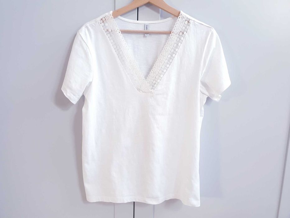 Biała kremowa bluzka t-shirt z koronką Piaza Italia 40 42