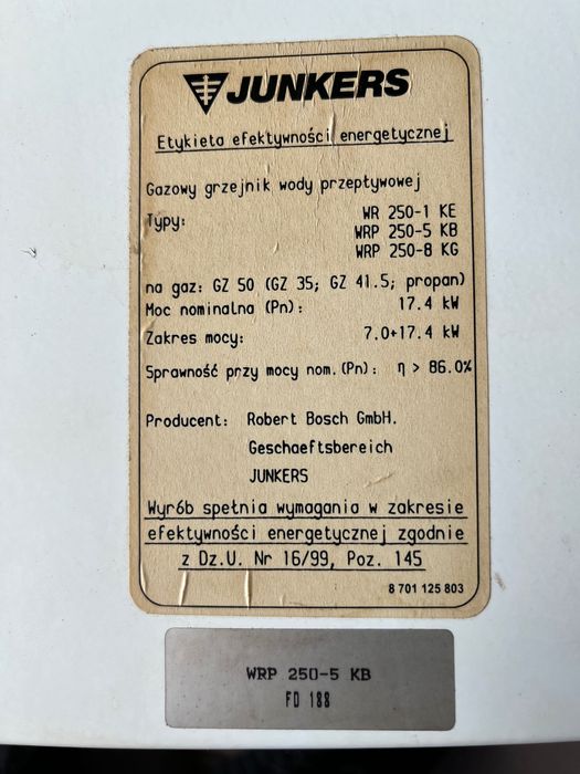 Piecyk gazowy Junkers + terma elektryczna