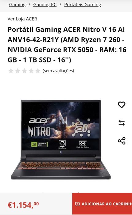Portátil Acer Nitro V16 Ai Ryzen 7 260/16GB/1TBSSD RTX5050 16" PT Preto Seminovo C/Garantia