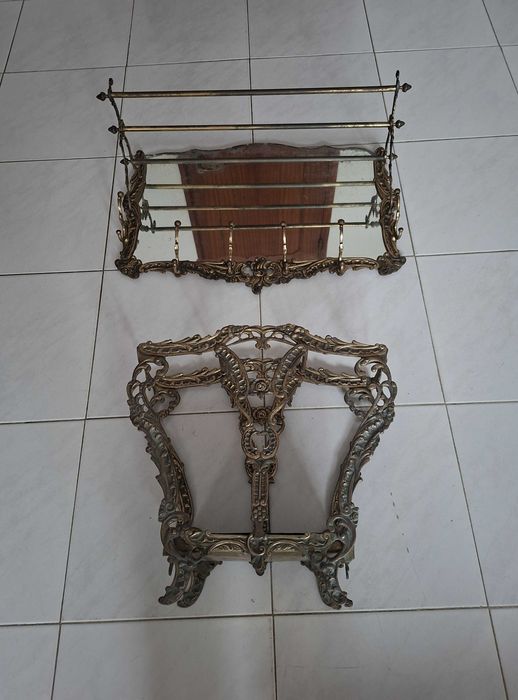 Conjunto de Chapeleiro / espelho e Bengaleiro vintage, Latão - anos 60