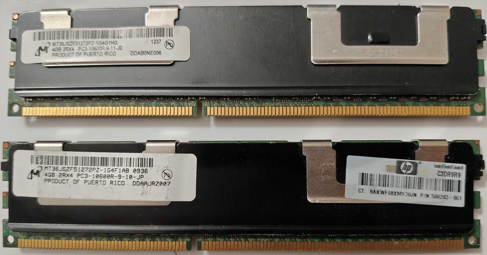 2× Micron 4GB DDR3 RDIMM ECC PC3-10600R — MT36JSZF51272PZ