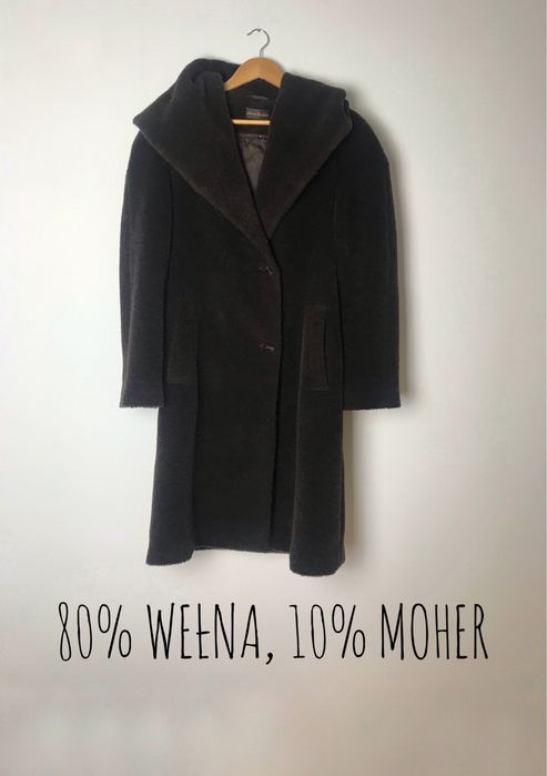Ciemny brązowy długi wełniany płaszcz z moherem, perełka vintage