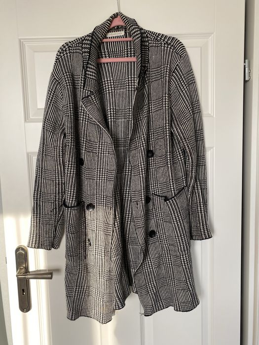 Sweter butikowy w kratkę pepitkę gruby dwurzędowy kieszenie