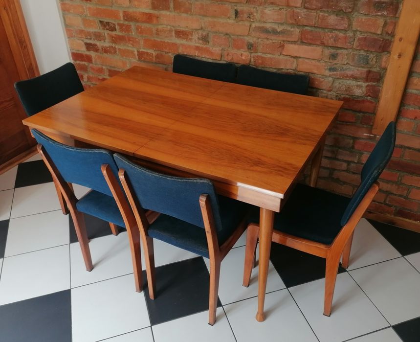 6 KRZESEŁ ASTER + STÓŁ proj. M. Grabiński Rozkładany PRL '60 Swarzędz