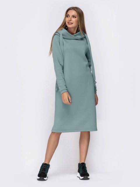 Бірюзове плаття на флісі з капюшоном