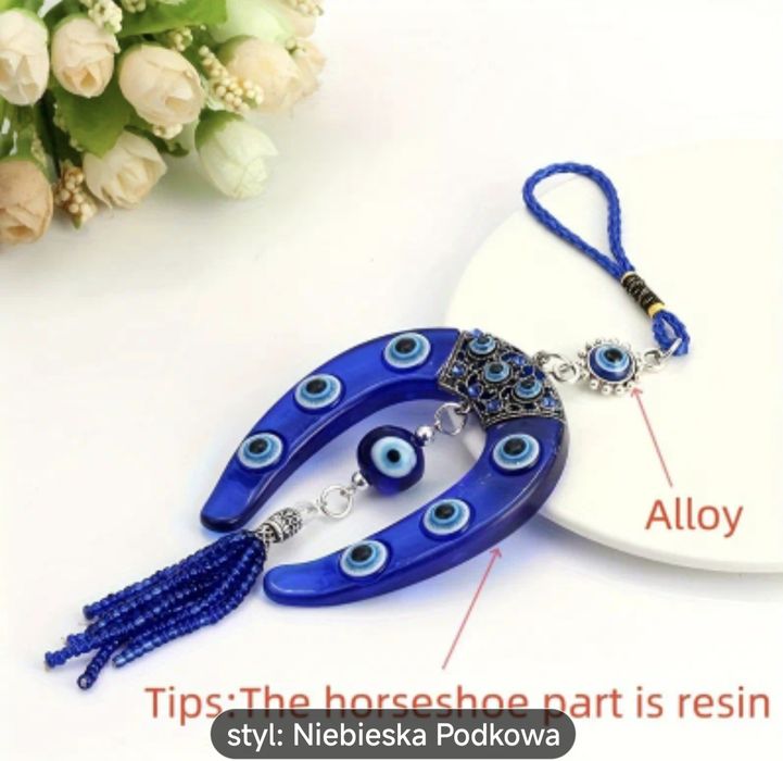 Niebieska Zawieszka z frędzliem w kształcie podkowy z oczkiem szczęści