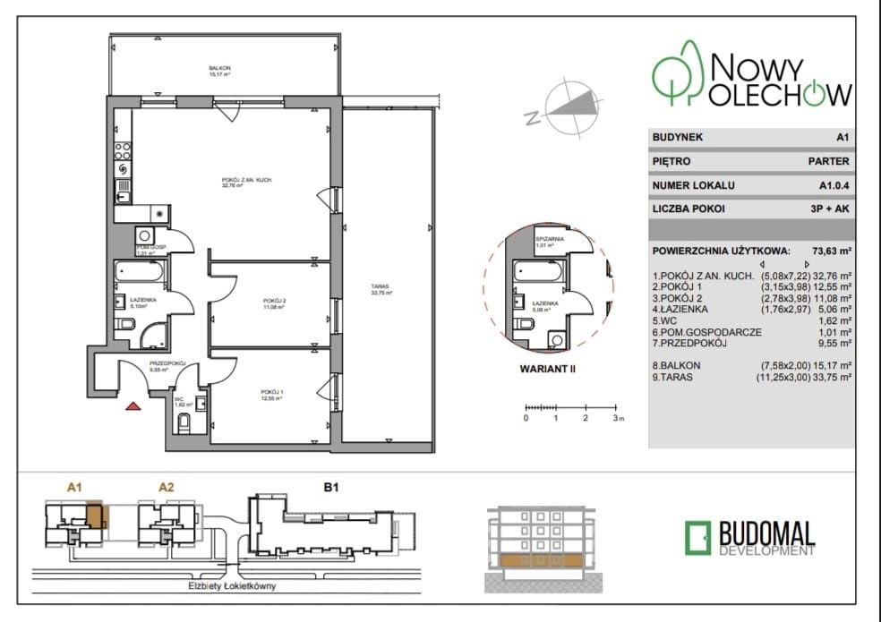 3 pokoje | 73,63 m² | taras 33,75 m² + balkon 15,17 m² | Nowy Olechów | Widzew