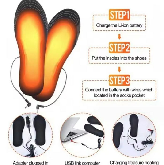 Стельки с электро-подогревом. Нагреваются до 50 °С. Быстро разогревают