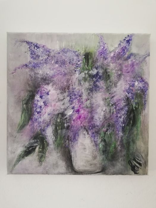 Obraz z bzami. Płótno 30×30.Akryl.