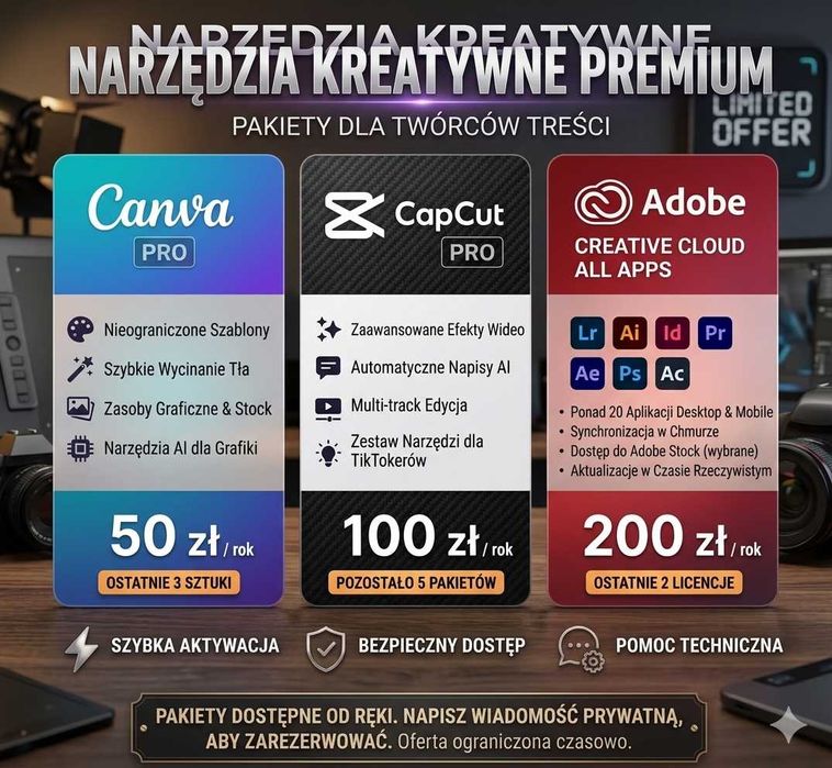 sprzedaż programów do monotwania Canva Pro/Adobe Creative Cloud/CapCut Pro