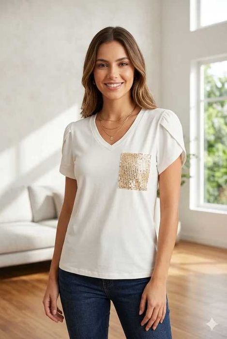 Blusa Branca com Bolso de Lantejoulas Douradas – Tamanho M