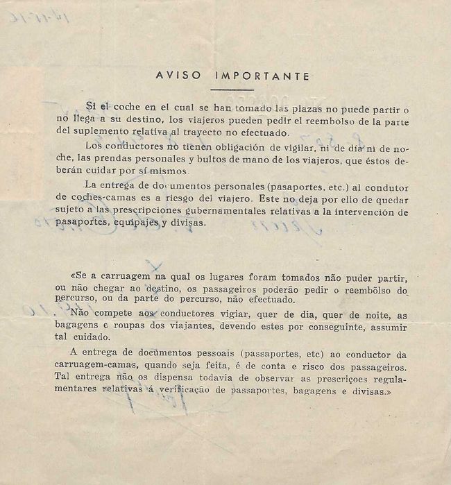 Comboios - Espanha - Recibo antigo 1959 - reserva de cama IRUN - FONTES DE ÕNORO selos fiscais