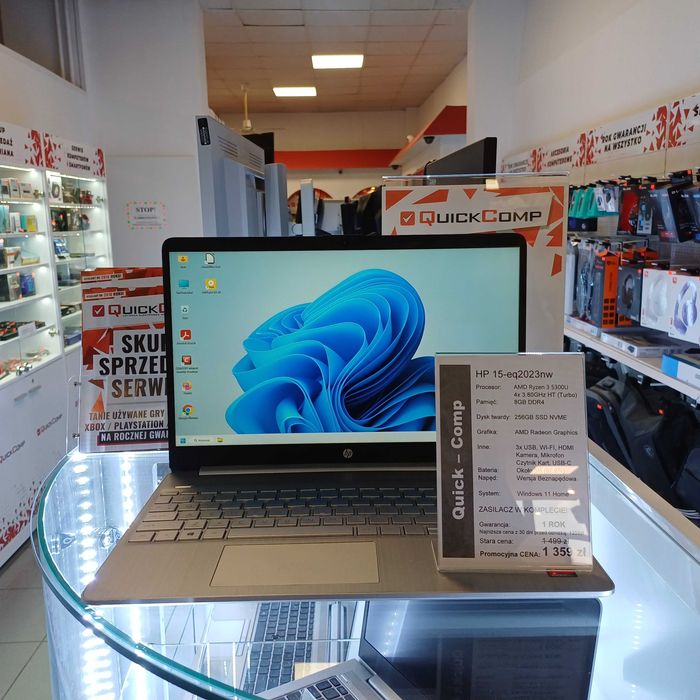 Laptop HP 15-eq2023nw Ryzen 3 5300U 4x3,80GHz / 8GB DDR4 / 256GB SSD NVME / Windows 11 / 1 Rok Gwarancji QUICK-COMP Przemyśl