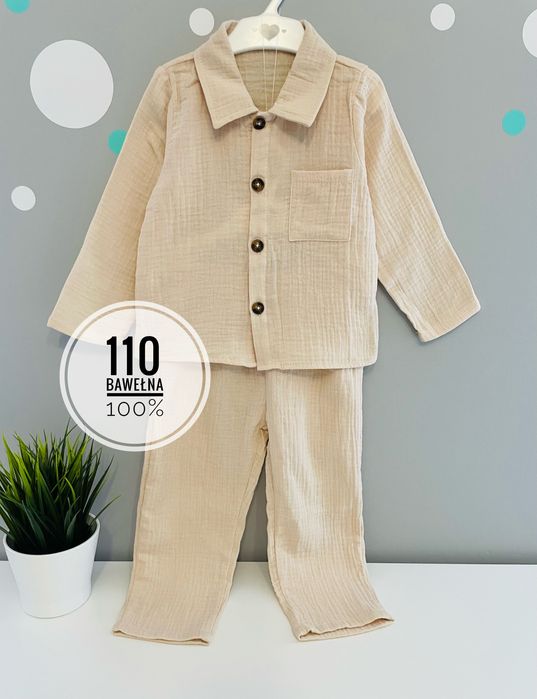 muślinowy beżowy morelowy zestaw dla chłopca koszula + spodnie r. 110