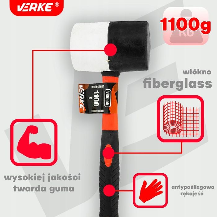 Młotek Gumowy Brukarski Blacharski Do Kostki Brukowej 1100g Fiberglass