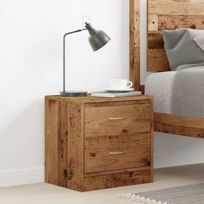 Estrutura de cama de casal efeito madeira e mesa de cabeceira