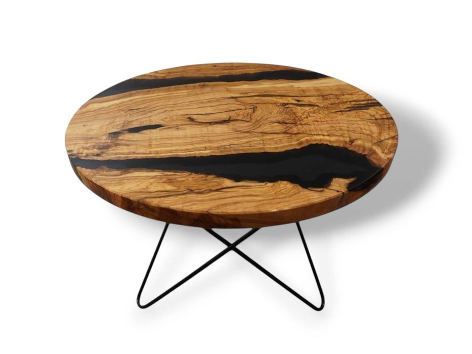 Stolik kawowy okrągły Noir 60 cm | drewno oliwne | czarna żywica