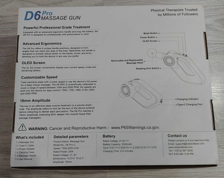 Masażer Bob and Brad D6 Pro Pistolet do masażu 16mm 2500mAh 7 głowic - Nowy