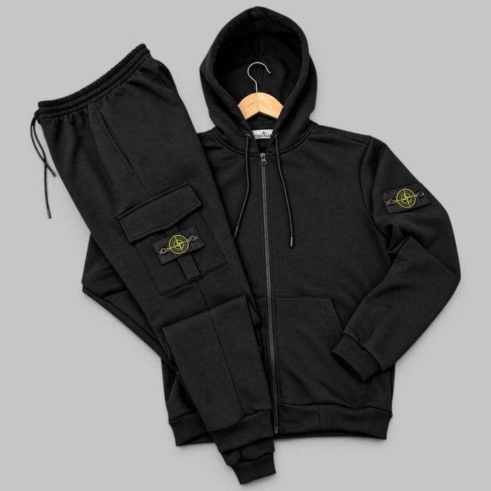 Чоловічий спортивний костюм Stone Island осінній зимовий на флісі чорний | Мужской спортивный костюм Стон Айленд черный осень зима S M L XL XXL