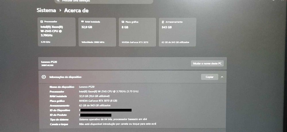 Lenovo Gaming P520 | Xeon W-2145 | 32GB ECC | NVMe 512GB + 500GB | RTX 3070 8GB | KIT | WiFi | W11