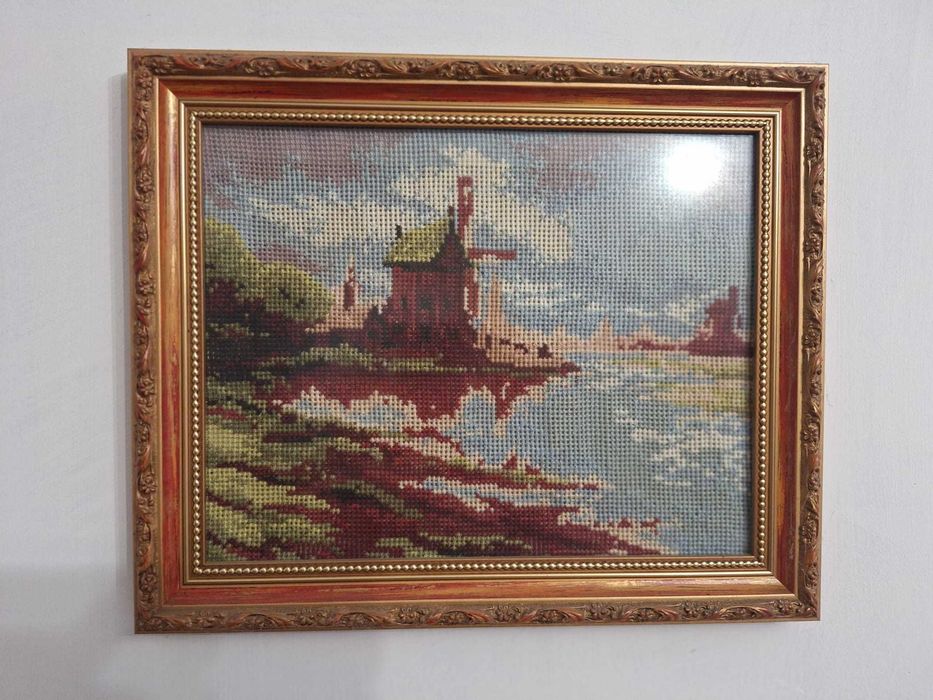 Obrazy haftowane vintage – krajobrazy, gobelin, styl retro PRL (4 szt.)