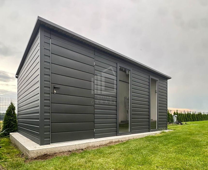 Schowek - Domek 5x2m - drzwi - 2x okno - antracyt - spad w tył ID1045