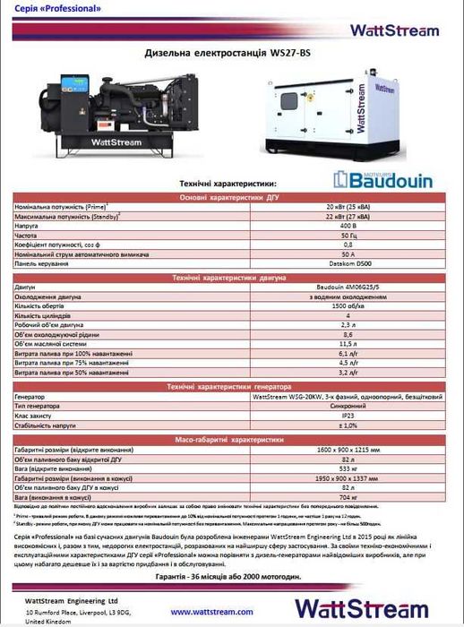 Wattstream 20 22 Квт 3 фазы Baudouin Промышленный Дизельный генератор