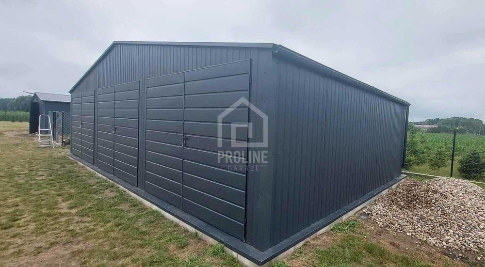 Garaż blaszany 10x6m 3x Brama Rynny Antracyt - Dach dwuspadowy PLG184