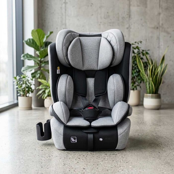 Fotelik samochodowy 76-150 cm 9-36 kg i-Size R129 z pasami 5-punktowymi wkładką uchwyt na kubek osłonki Szary NOWY GWARANCJA 24M + poradnik GRATIS