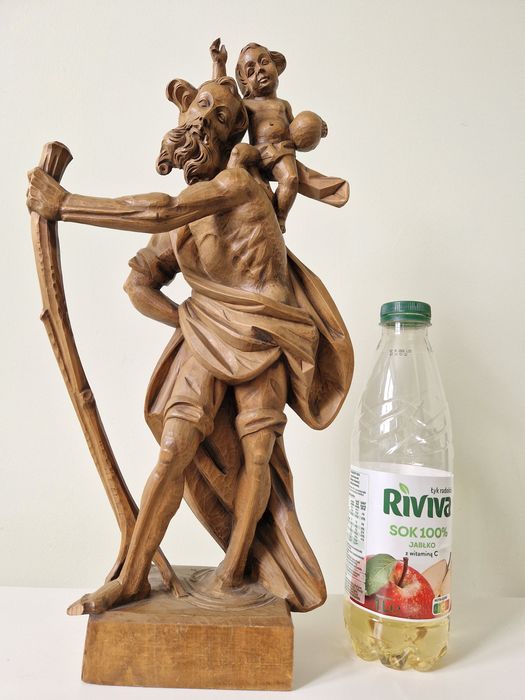 Św. Krzysztof z Dzieciątkiem – duża ręcznie rzeźbiona figura drewniana, 52 cm