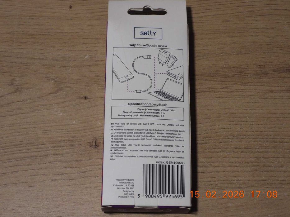 Setty KABEL USB - USB-C 3m  2A czarny NOWY