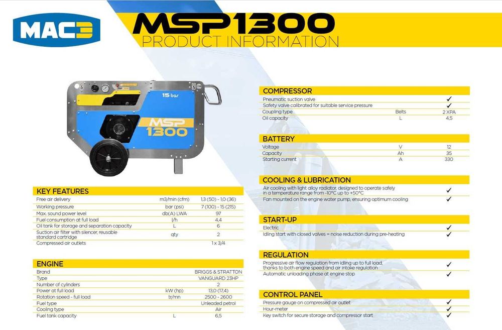Compressor Portátil de Tornillo MAC3 MSP1300 15BAR – Novo