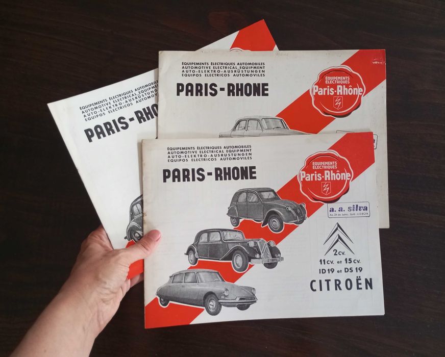 Antigas brochuras comerciais de equipamentos eléctricos Paris-Rhone para Citroën Simca Renault