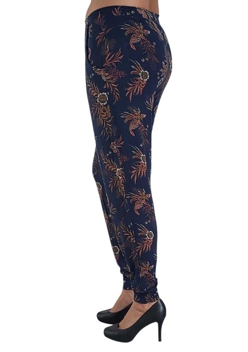 Granatowe spodnie z wiskozy w brązowe kwiaty, R. S/M/L