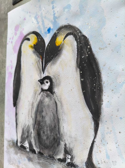 Akwarela Pingwiny Rodzina Prezent Chrzest Dziecko Macierzyństwo 30x42