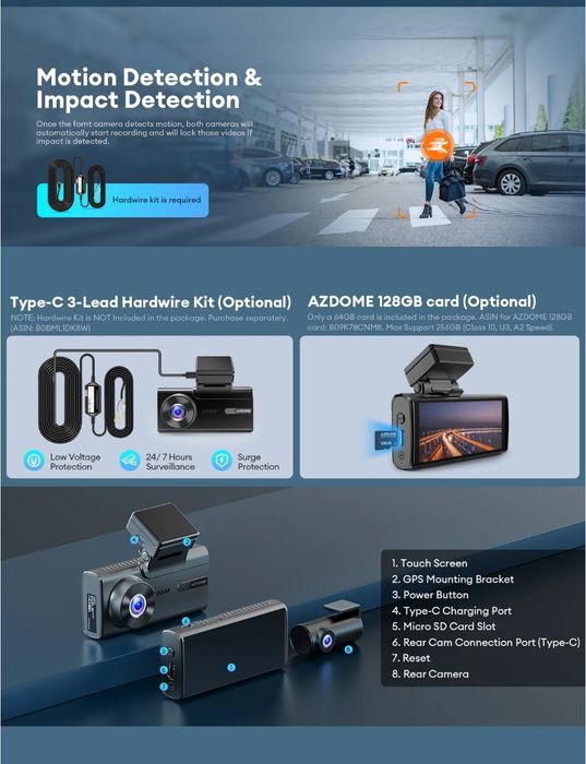 Kit 3 câmaras (frontal 5K traseira e cabine HD) azdome m580 + Cartão