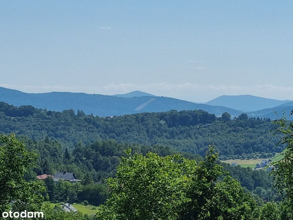 Panoramiczny widok na Tatry pod zabudowę kilku domów