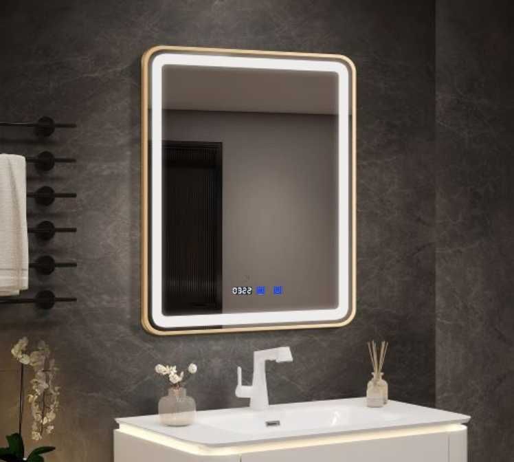 Дзеркало LED Gold Premium 80×60 см у золотій металевій рамці з підігрівом, годинником та регулюванням яскравості для ванної кімнати