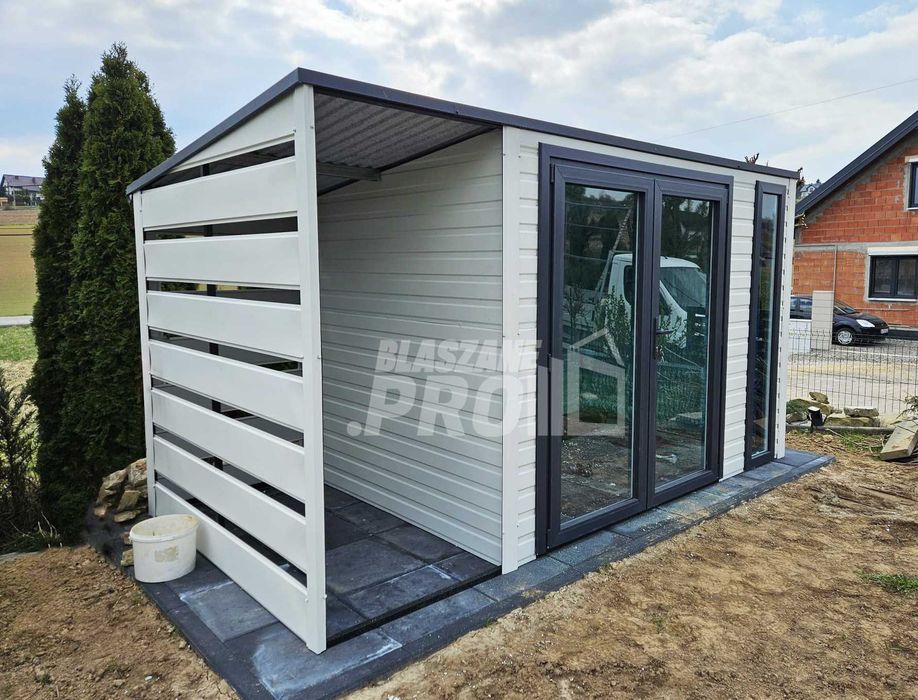 Schowek – domek ogrodowy 3,5×2 m + wiata 1×3 m biały – antracyt  GP748